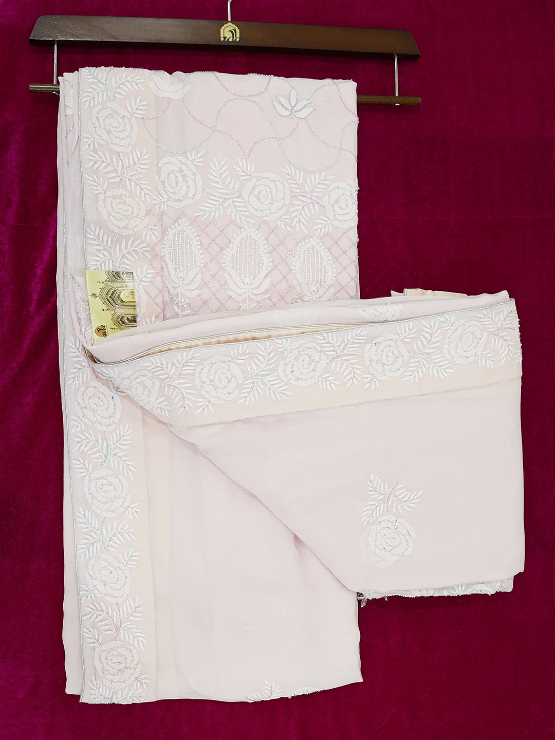 Ada Hand Embroidered Fairy Tale Pink Pure Georgette Lucknowi Chikankari Saree/Blouse With Cutdana Work 01A252342