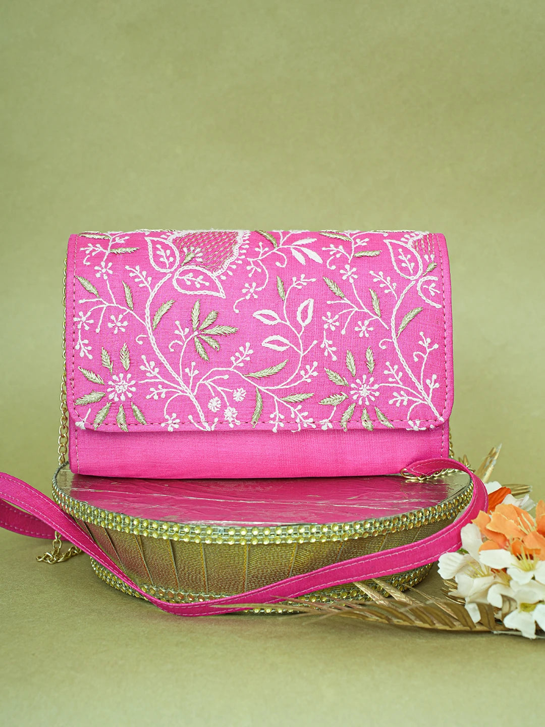 Ada Hand Embroidered Magenta Silk Lucknowi Chikankari Clutch With Zari Work 01A619398
