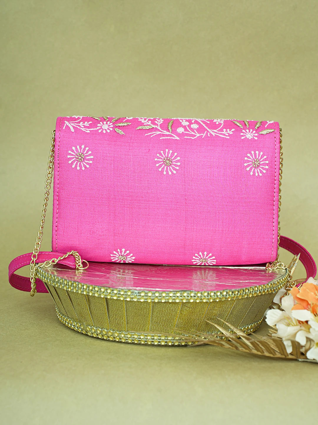 Ada Hand Embroidered Magenta Silk Lucknowi Chikankari Clutch With Zari Work 01A619398