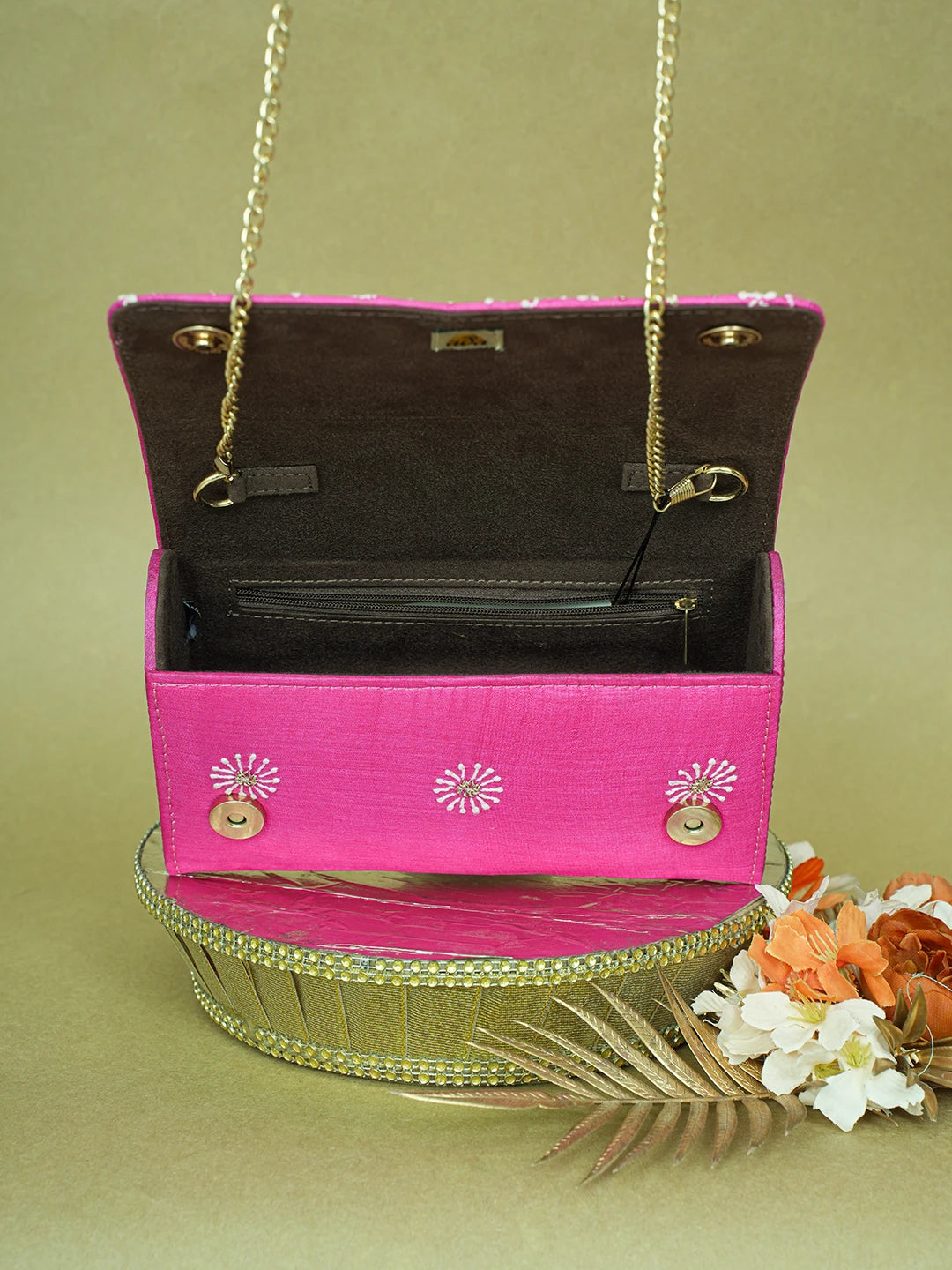 Ada Hand Embroidered Magenta Silk Lucknowi Chikankari Clutch With Zari Work 01A619398