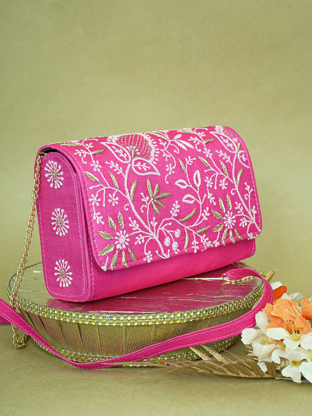 Ada Hand Embroidered Magenta Silk Lucknowi Chikankari Clutch With Zari Work 01A619398