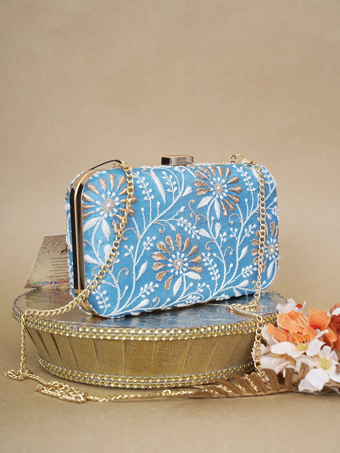 Ada Hand Embroidered Sky Blue Silk Lucknowi Chikankari Clutch With Zari Work 01A619149