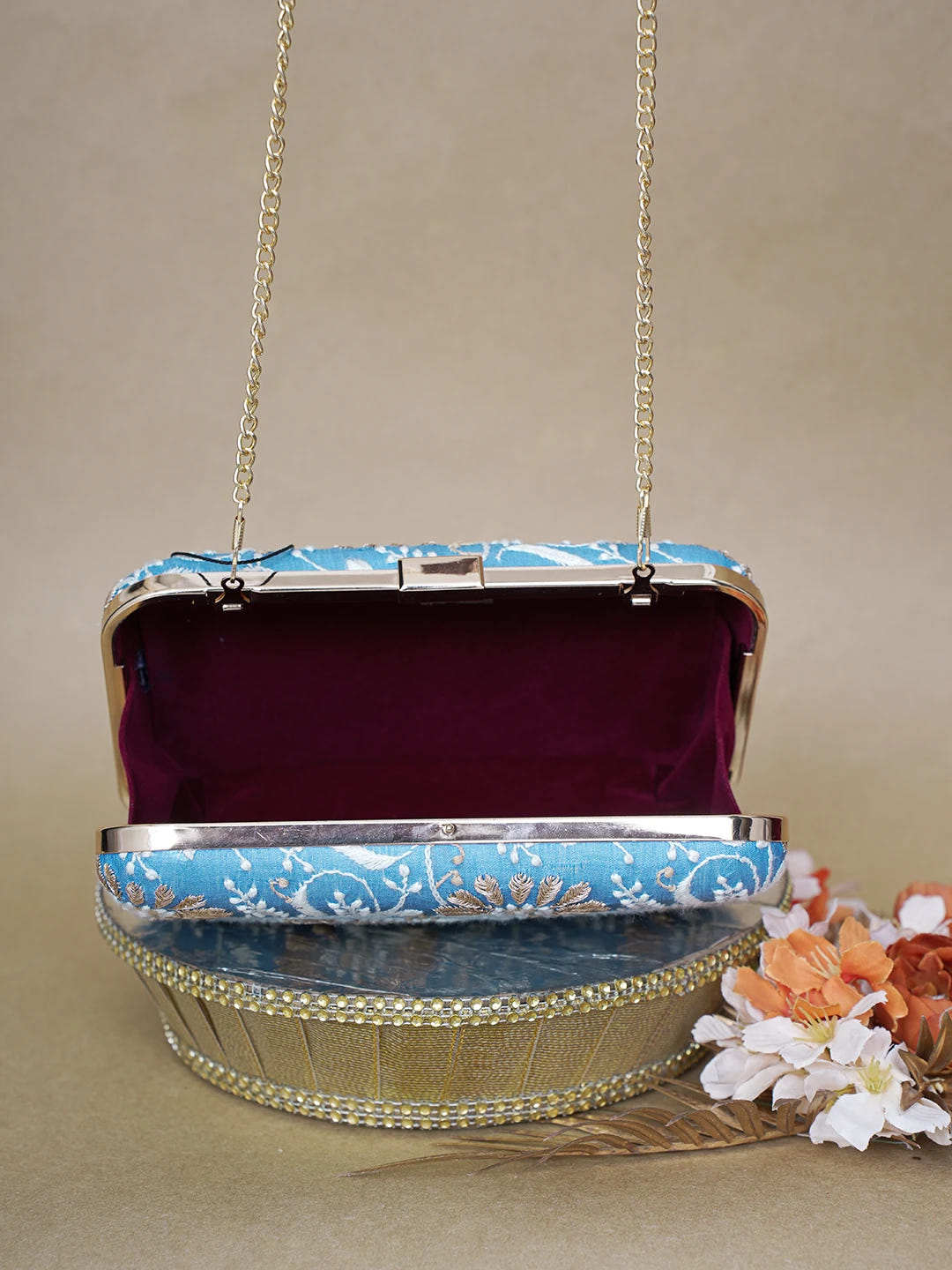 Ada Hand Embroidered Sky Blue Silk Lucknowi Chikankari Clutch With Zari Work 01A619149