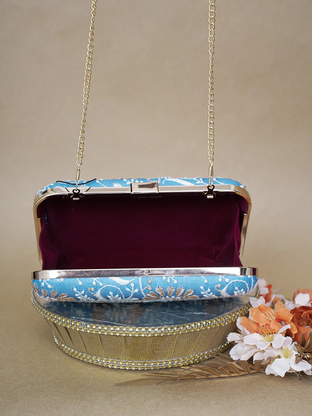 Ada Hand Embroidered Sky Blue Silk Lucknowi Chikankari Clutch With Zari Work 01A619149