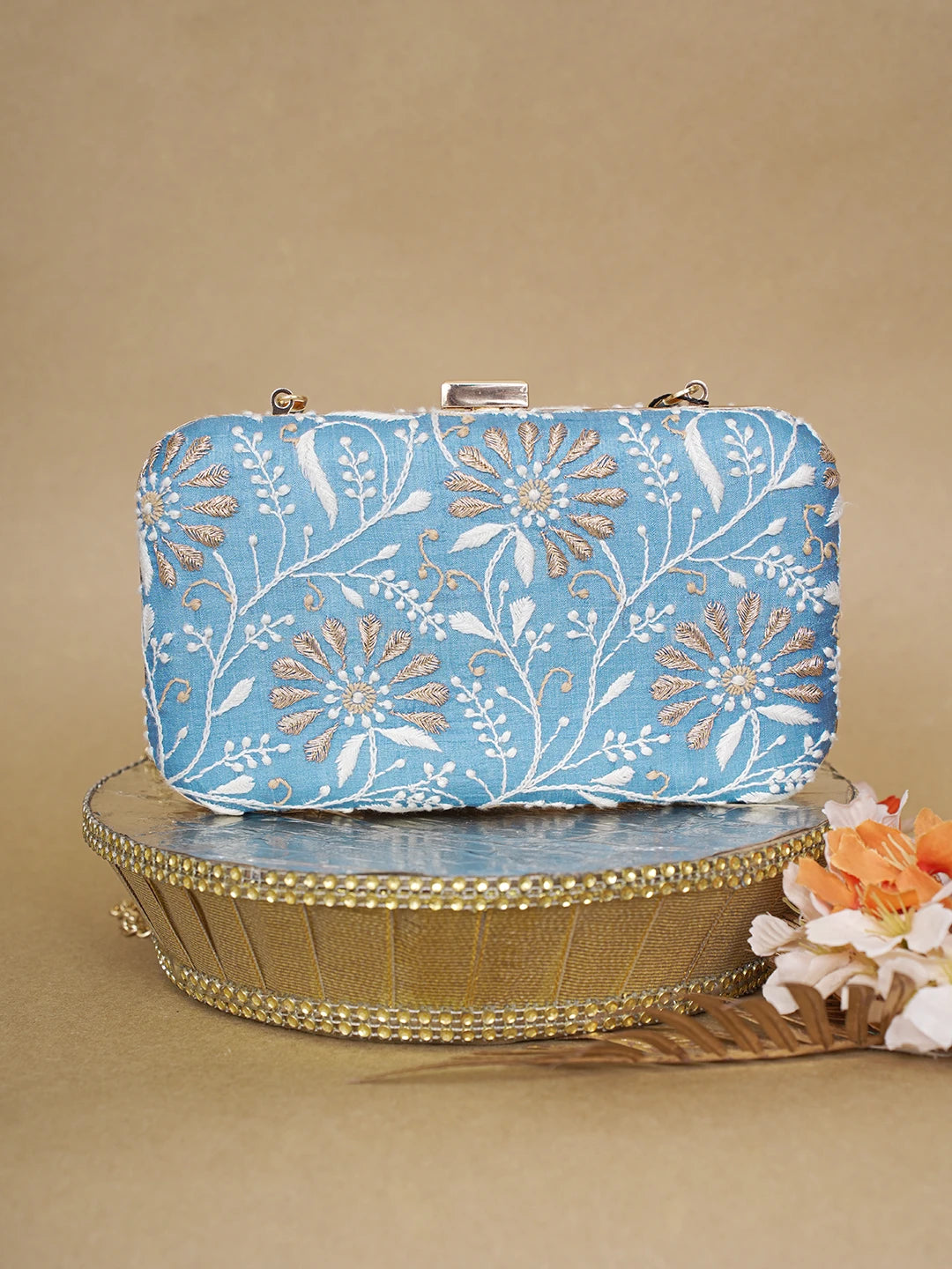 Ada Hand Embroidered Sky Blue Silk Lucknowi Chikankari Clutch With Zari Work 01A619149