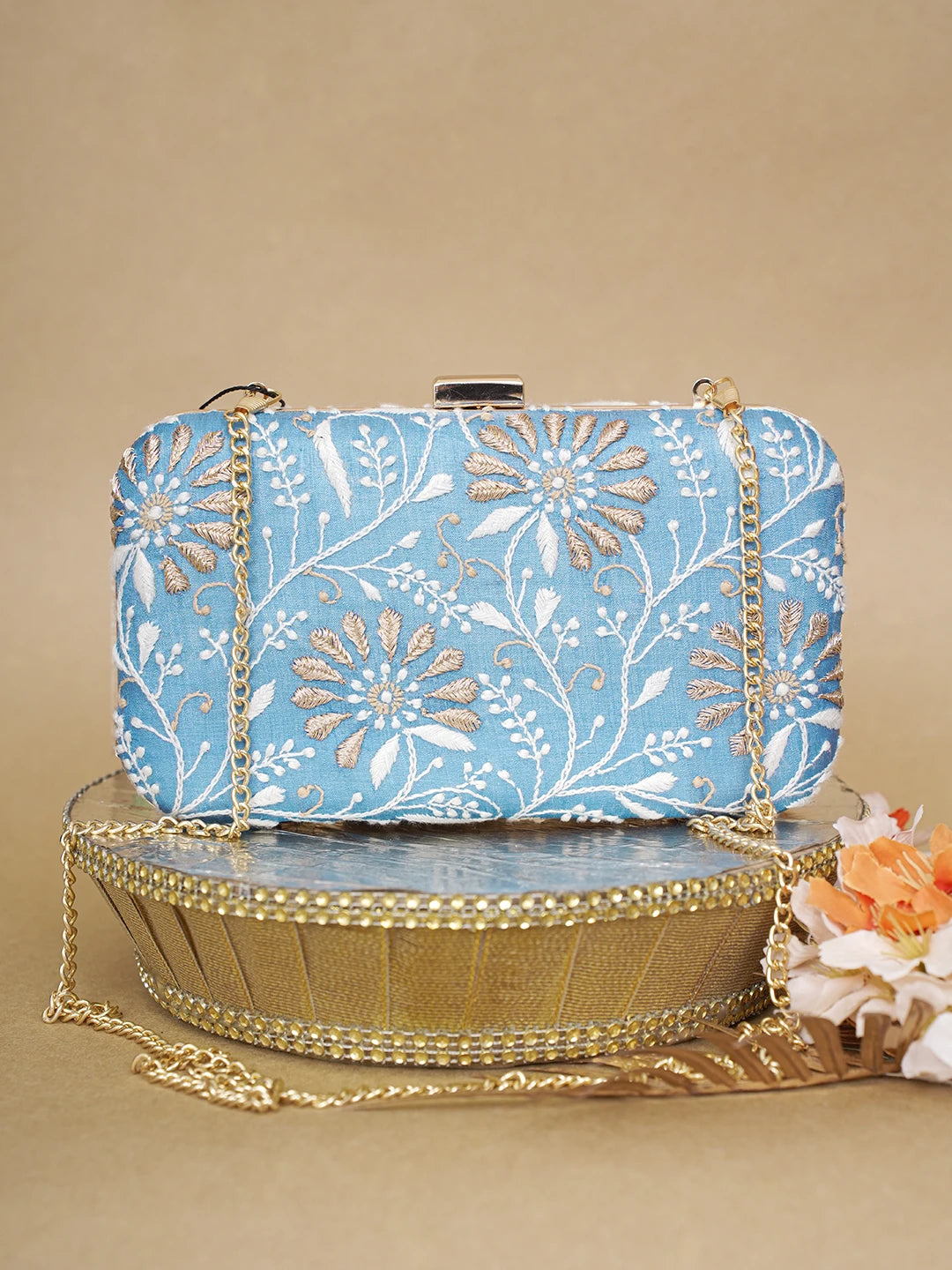 Ada Hand Embroidered Sky Blue Silk Lucknowi Chikankari Clutch With Zari Work 01A619149