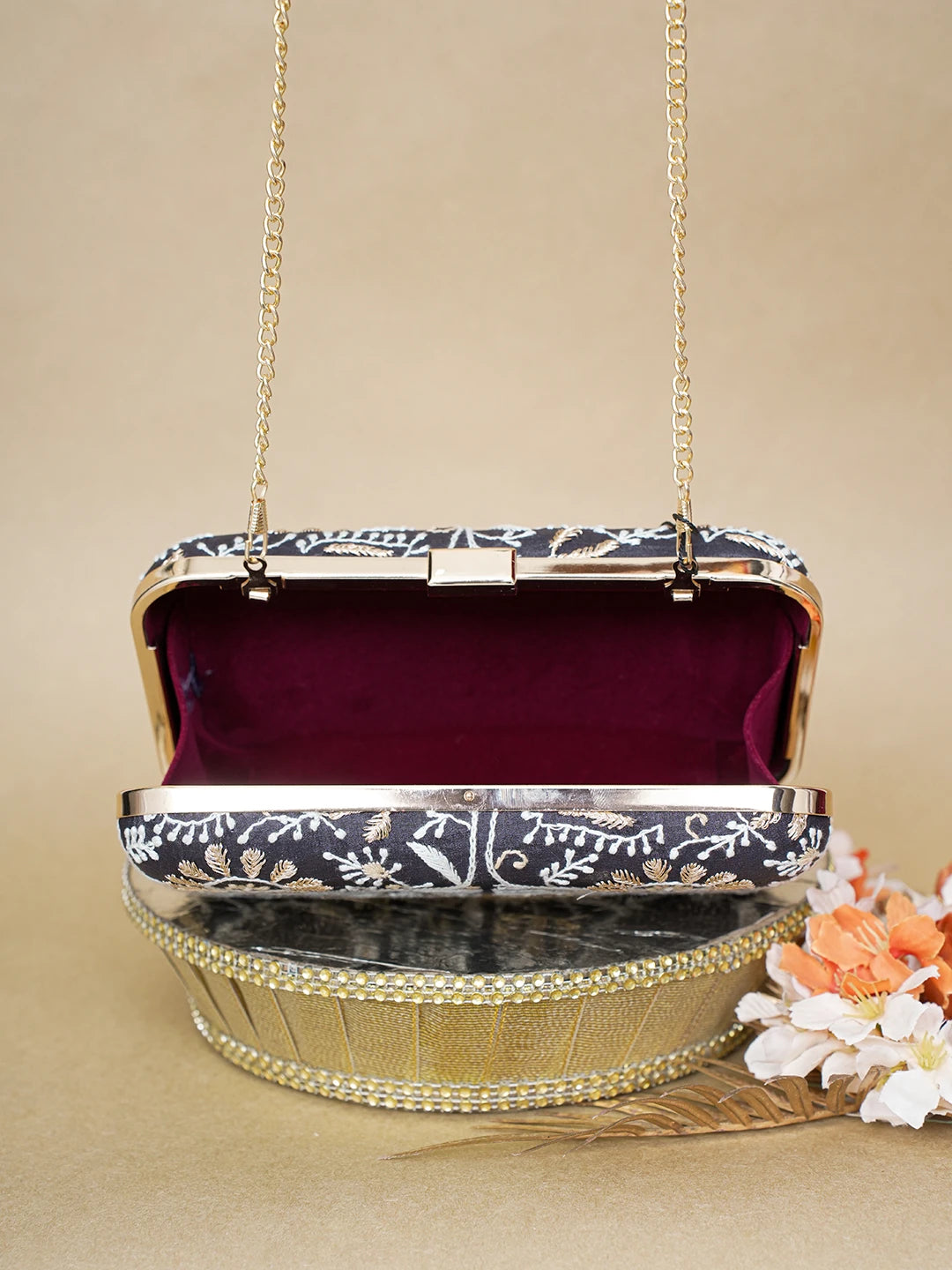 Ada Hand Embroidered Black Silk Lucknowi Chikankari Clutch With Zari Work 01A619142