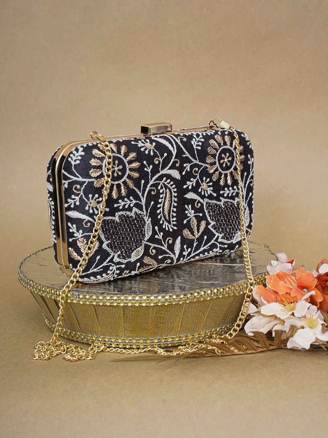Ada Hand Embroidered Black Silk Lucknowi Chikankari Clutch With Zari Work 01A619142