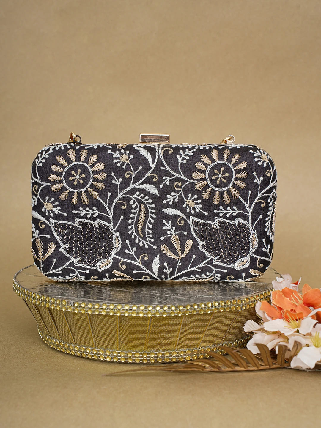 Ada Hand Embroidered Black Silk Lucknowi Chikankari Clutch With Zari Work 01A619142