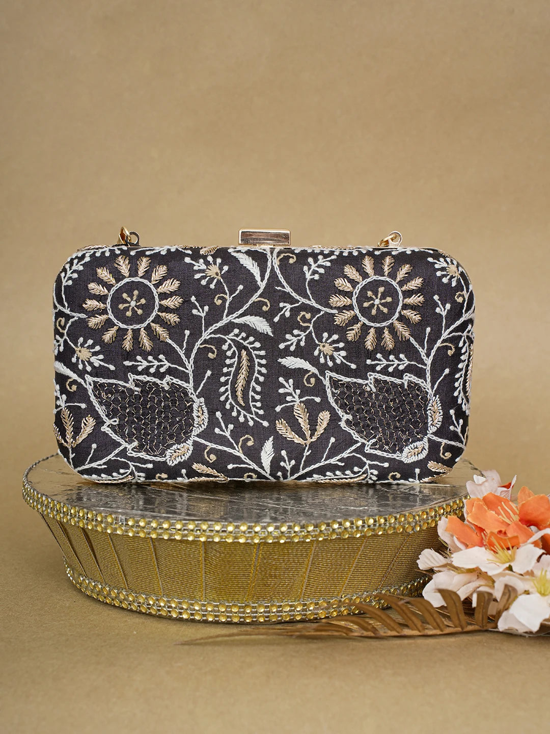 Ada Hand Embroidered Black Silk Lucknowi Chikankari Clutch With Zari Work 01A619142