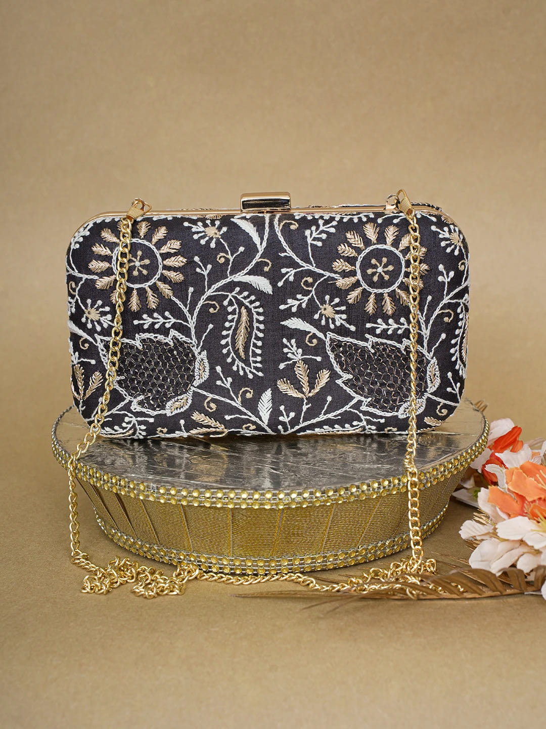 Ada Hand Embroidered Black Silk Lucknowi Chikankari Clutch With Zari Work 01A619142
