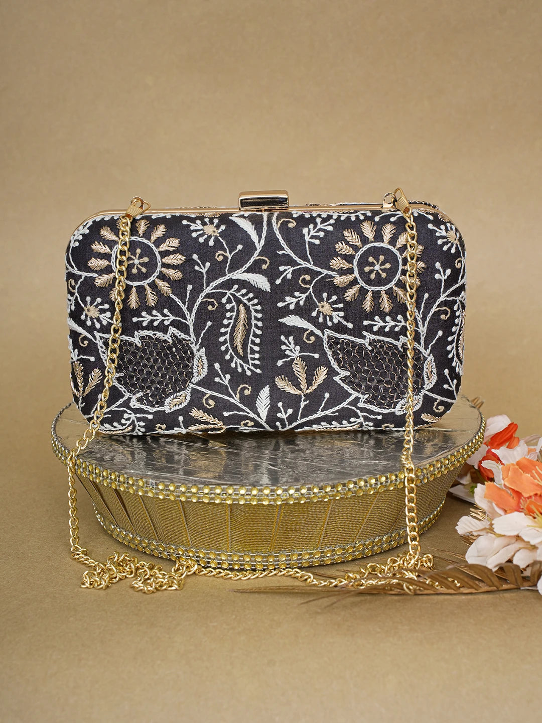 Ada Hand Embroidered Black Silk Lucknowi Chikankari Clutch With Zari Work 01A619142