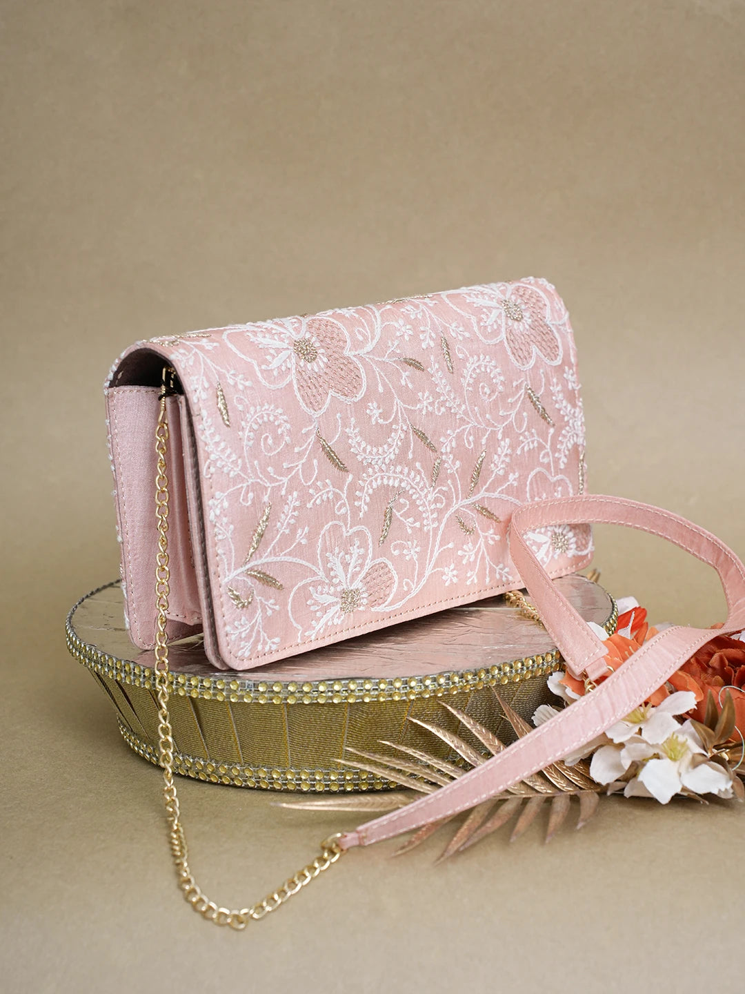 Ada Hand Embroidered Peach Silk Lucknowi Chikankari Clutch With Zari Work 01A617971