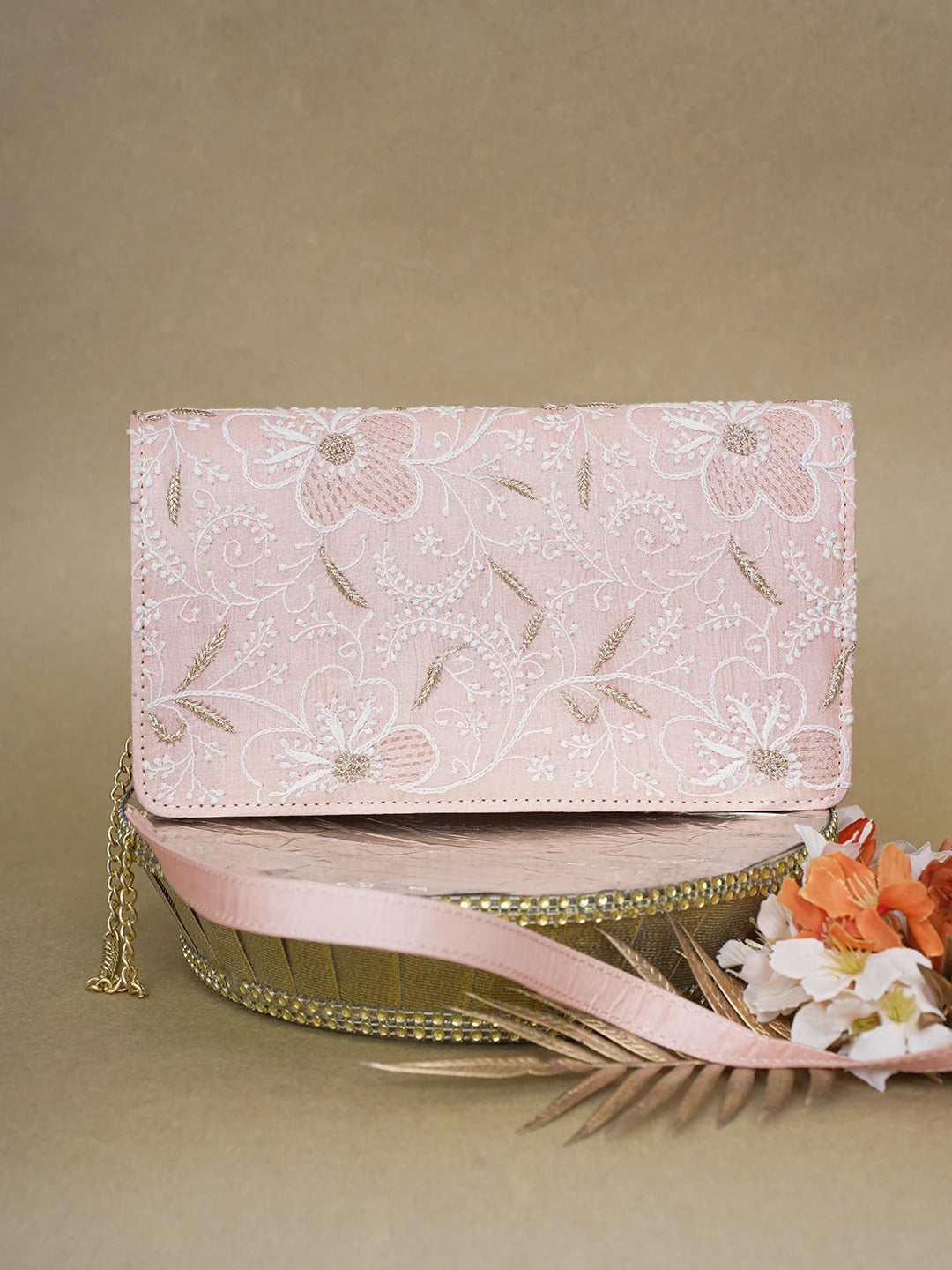 Ada Hand Embroidered Peach Silk Lucknowi Chikankari Clutch With Zari Work 01A617971