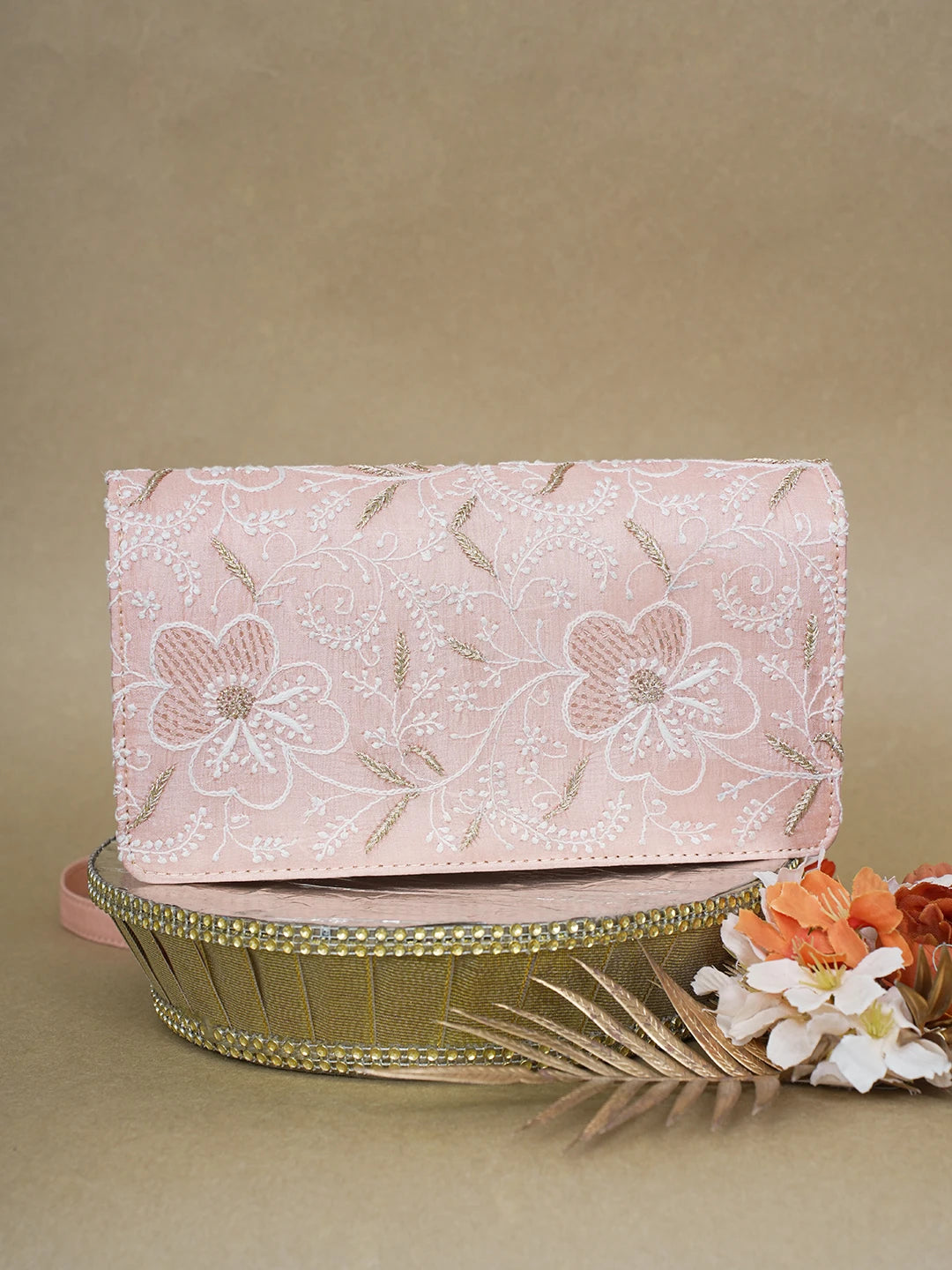 Ada Hand Embroidered Peach Silk Lucknowi Chikankari Clutch With Zari Work 01A617971