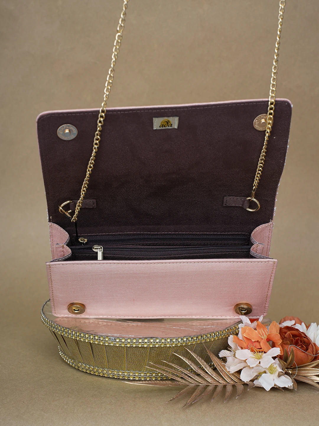 Ada Hand Embroidered Peach Silk Lucknowi Chikankari Clutch With Zari Work 01A617971