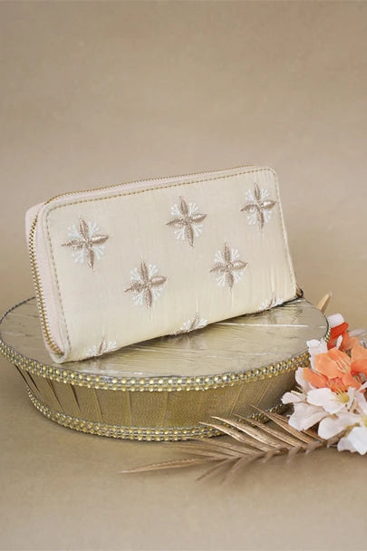 Ada Hand Embroidered Beige Silk Lucknowi Chikankari Clutch With Zari Work 01A618071
