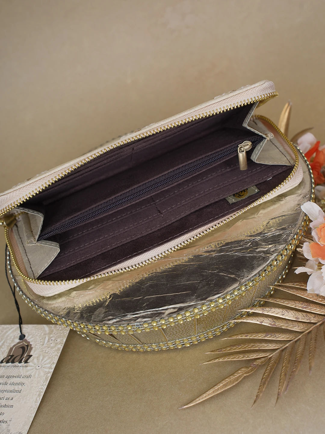 Ada Hand Embroidered Beige Silk Lucknowi Chikankari Clutch With Zari Work 01A618071