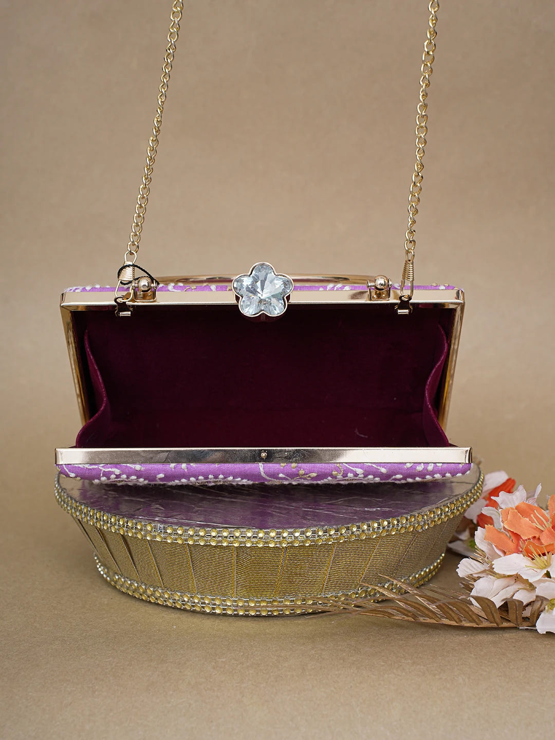 Ada Hand Embroidered Mauve Silk Lucknowi Chikankari Clutch With Zari Work 01A619156