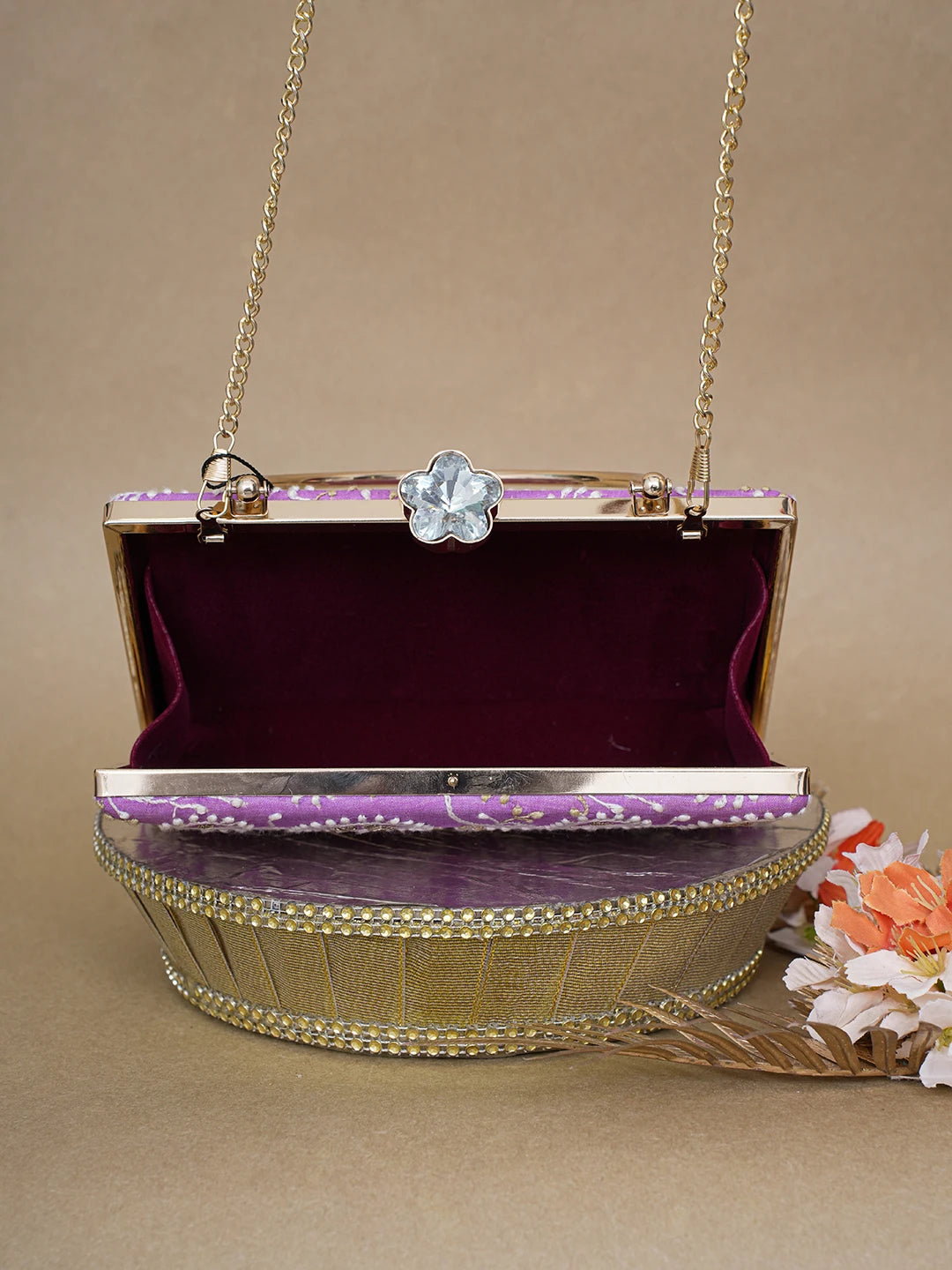 Ada Hand Embroidered Mauve Silk Lucknowi Chikankari Clutch With Zari Work 01A619156