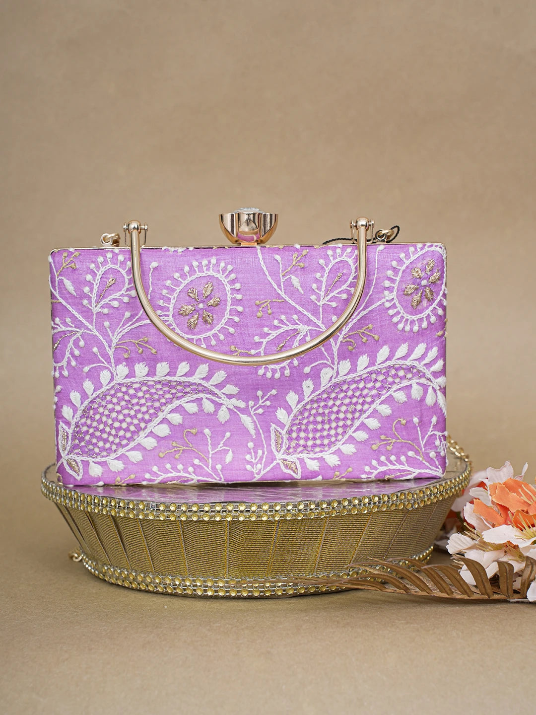 Ada Hand Embroidered Mauve Silk Lucknowi Chikankari Clutch With Zari Work 01A619156