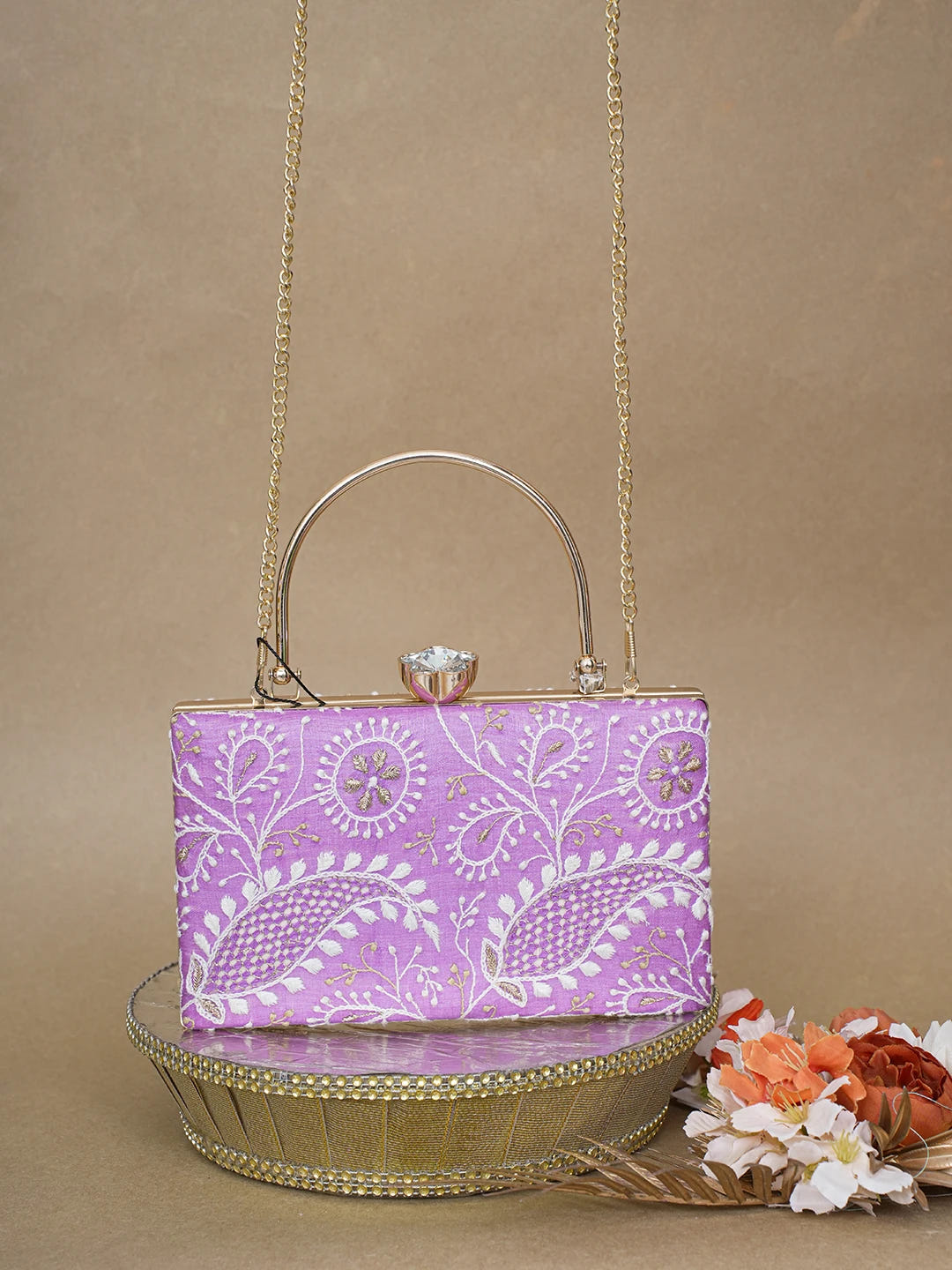 Ada Hand Embroidered Mauve Silk Lucknowi Chikankari Clutch With Zari Work 01A619156