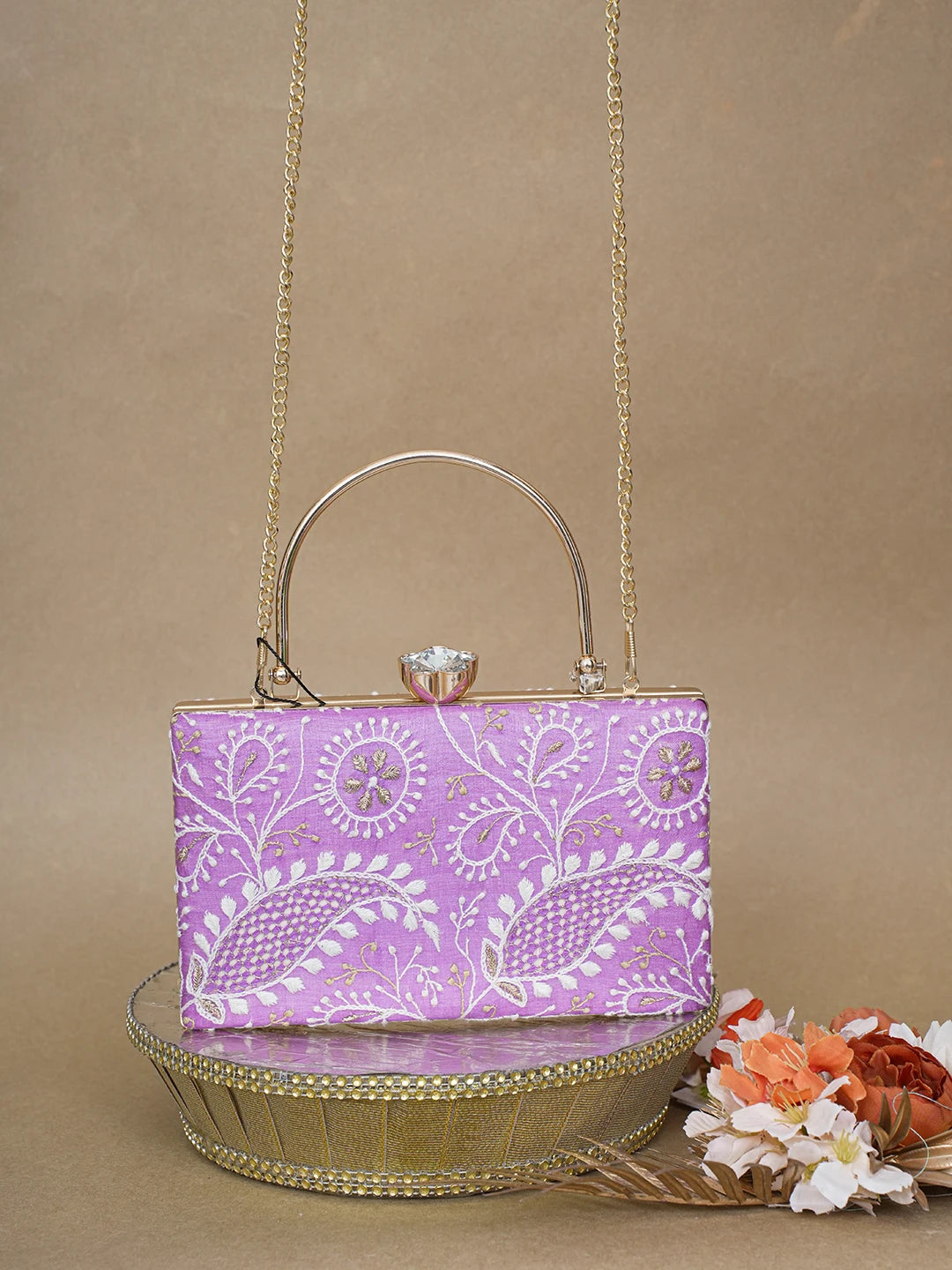 Ada Hand Embroidered Mauve Silk Lucknowi Chikankari Clutch With Zari Work 01A619156