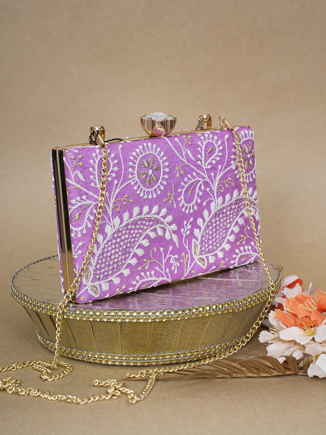 Ada Hand Embroidered Mauve Silk Lucknowi Chikankari Clutch With Zari Work 01A619156