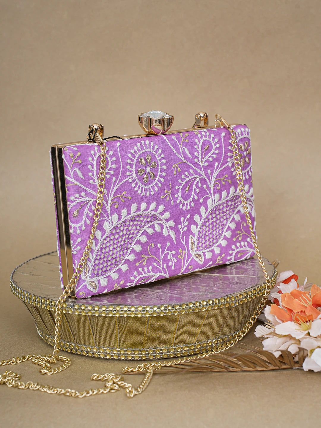Ada Hand Embroidered Mauve Silk Lucknowi Chikankari Clutch With Zari Work 01A619156