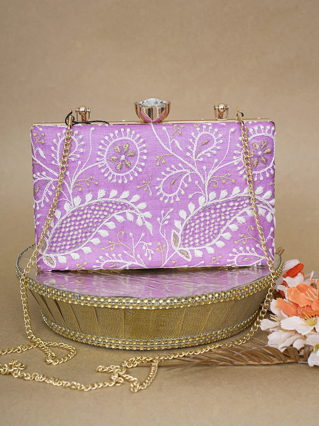 Ada Hand Embroidered Mauve Silk Lucknowi Chikankari Clutch With Zari Work 01A619156
