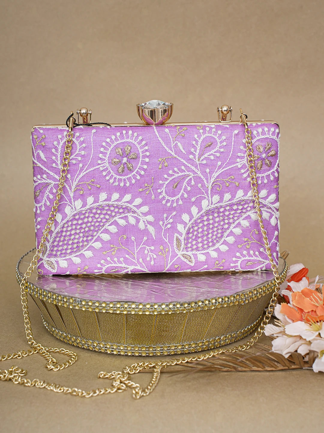 Ada Hand Embroidered Mauve Silk Lucknowi Chikankari Clutch With Zari Work 01A619156