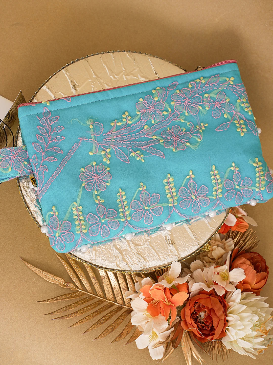 Ada Hand Embroidered Blue Viscose Georgette Lucknowi Chikankari Pouch 01A619765