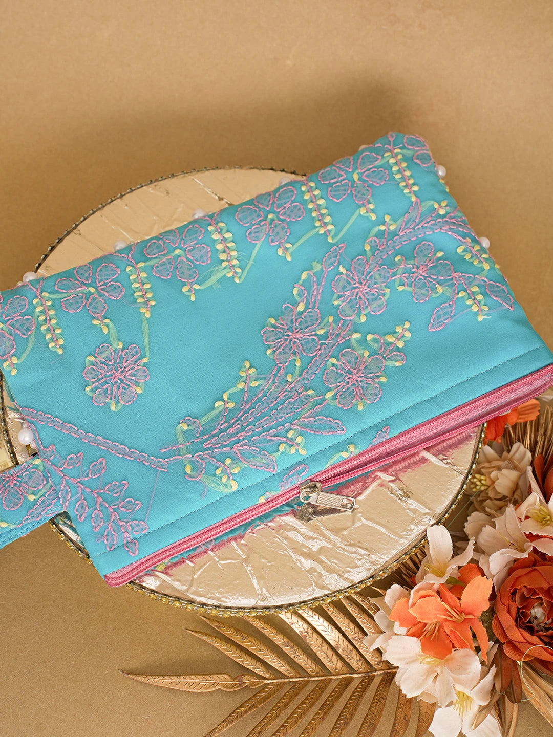 Ada Hand Embroidered Blue Viscose Georgette Lucknowi Chikankari Pouch 01A619765