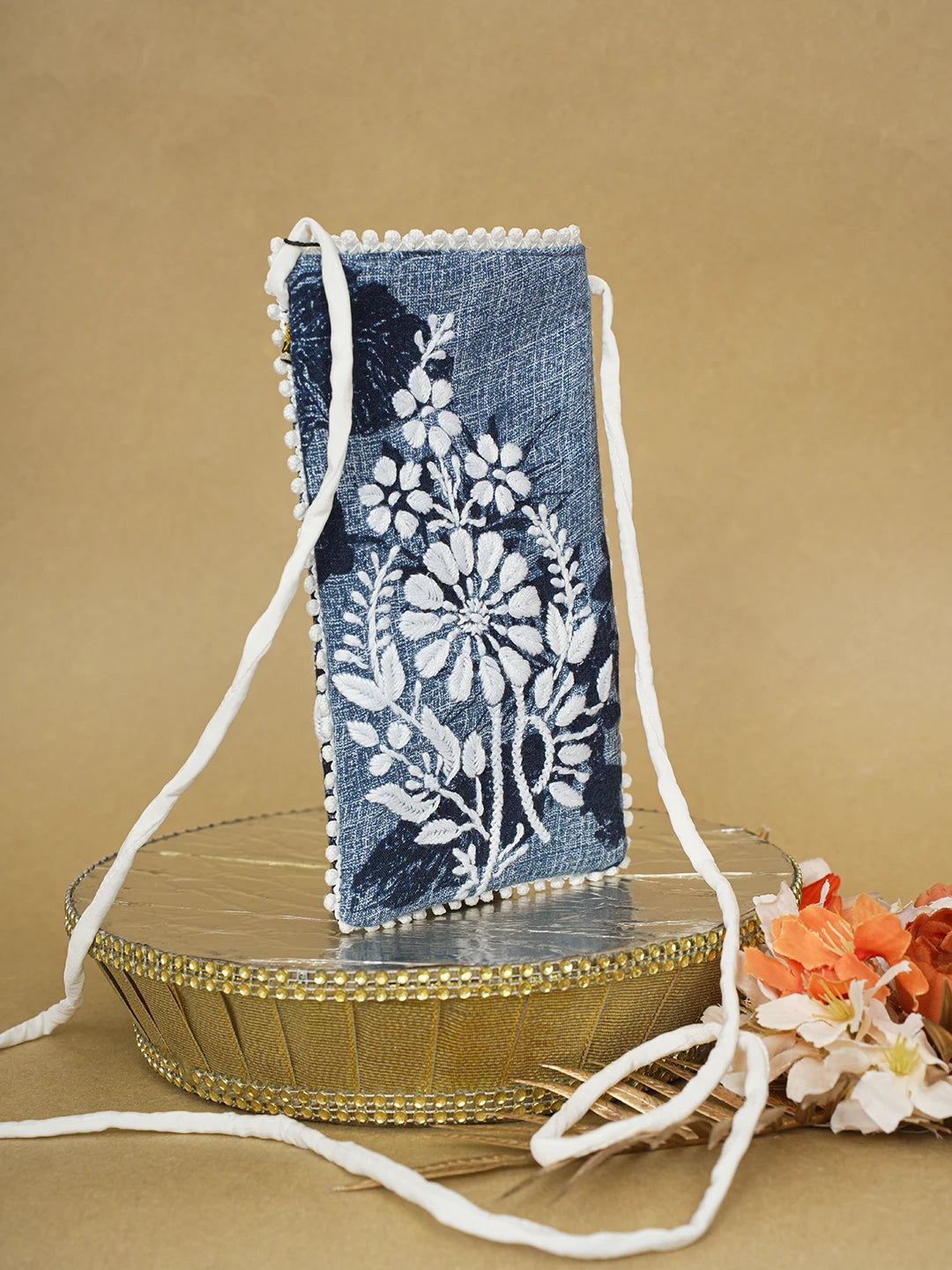 Ada Hand Embroidered Blue Cotton Lucknowi Chikankari Mobile Cover 01A619680