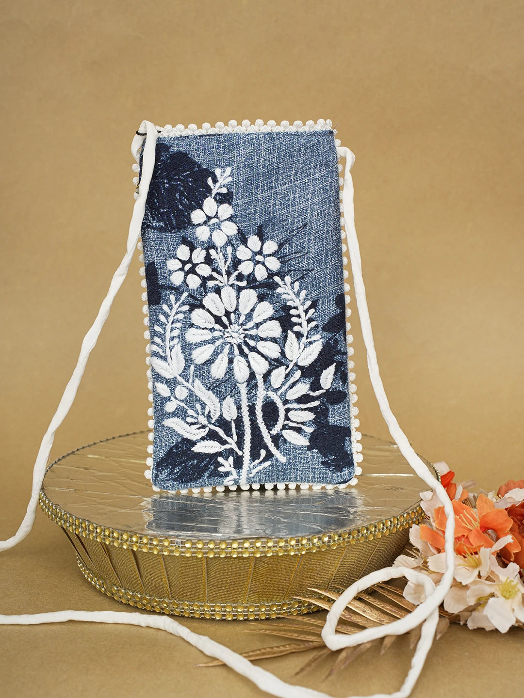 Ada Hand Embroidered Blue Cotton Lucknowi Chikankari Mobile Cover 01A619680