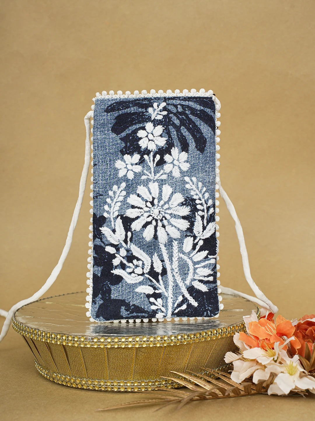 Ada Hand Embroidered Blue Cotton Lucknowi Chikankari Mobile Cover 01A619680