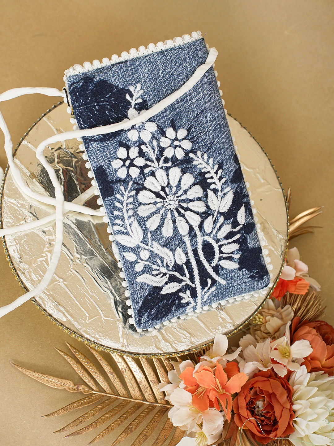 Ada Hand Embroidered Blue Cotton Lucknowi Chikankari Mobile Cover 01A619680