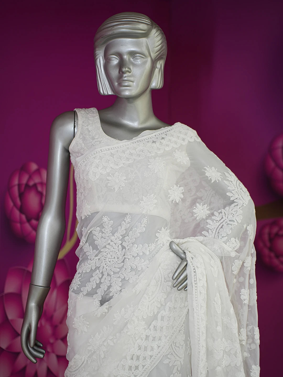 Ada Hand Embroidered White Georgette Lucknowi Chikankari Saree With Blouse 01A569938