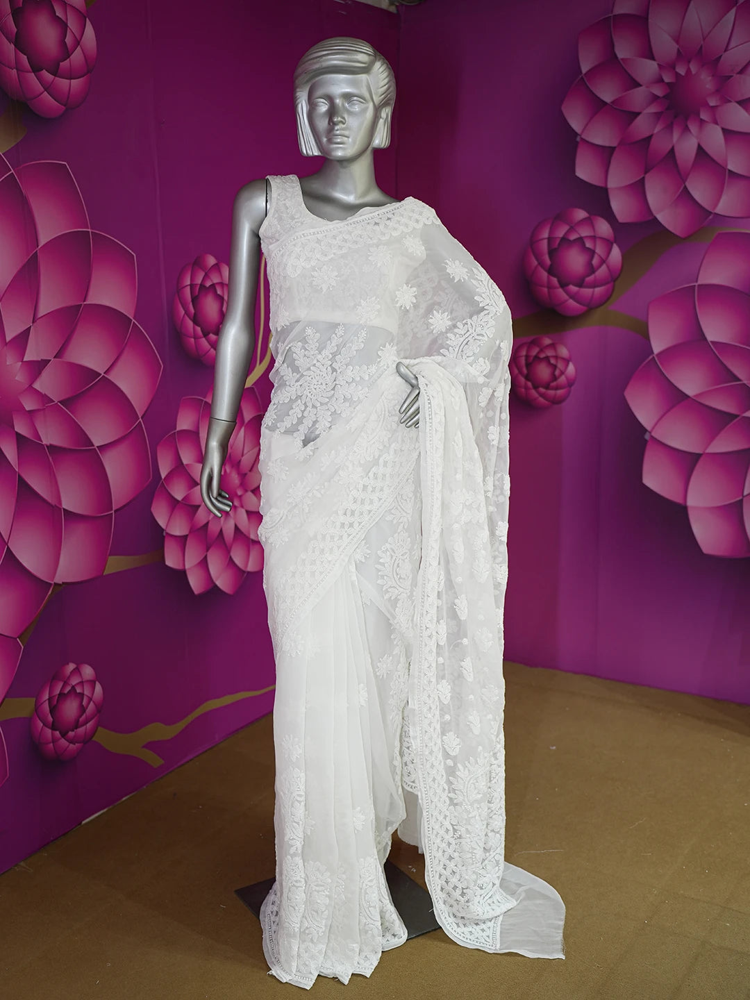 Ada Hand Embroidered White Georgette Lucknowi Chikankari Saree With Blouse 01A569938