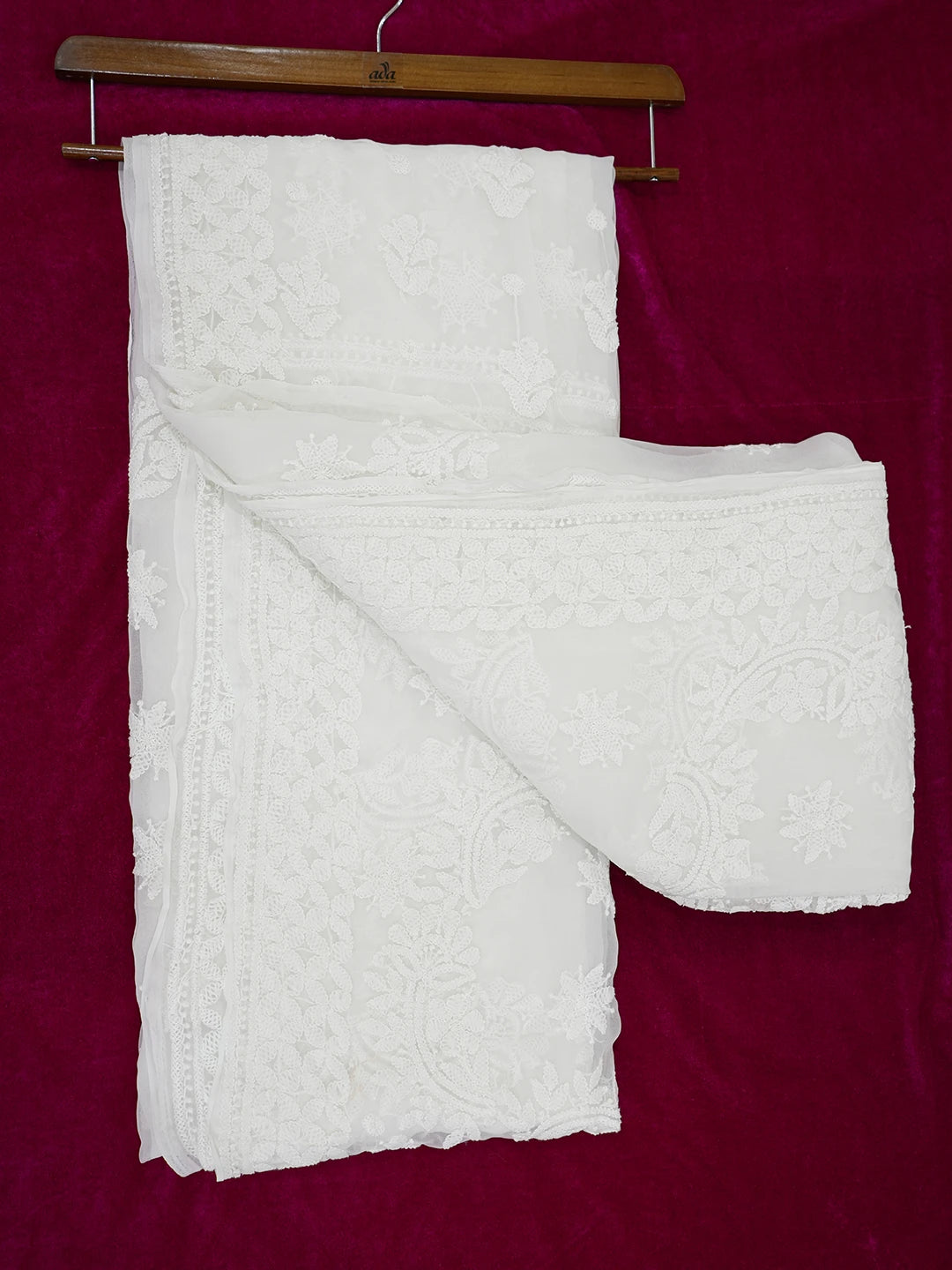Ada Hand Embroidered White Georgette Lucknowi Chikankari Saree With Blouse 01A569938