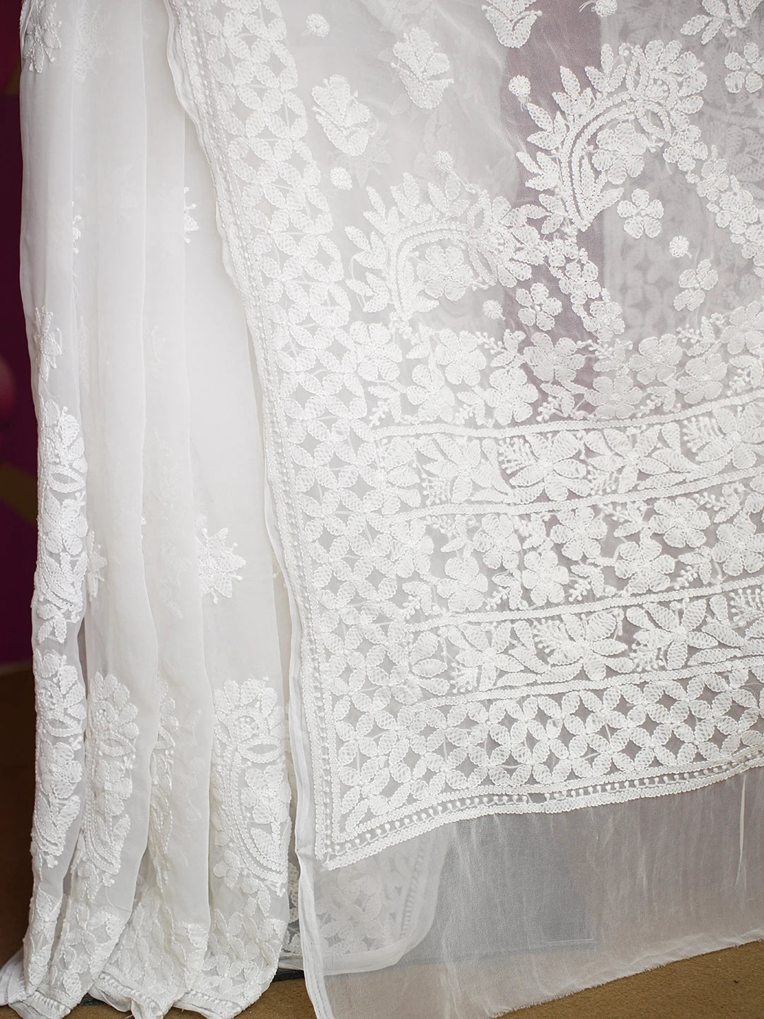 Ada Hand Embroidered White Georgette Lucknowi Chikankari Saree With Blouse 01A569938