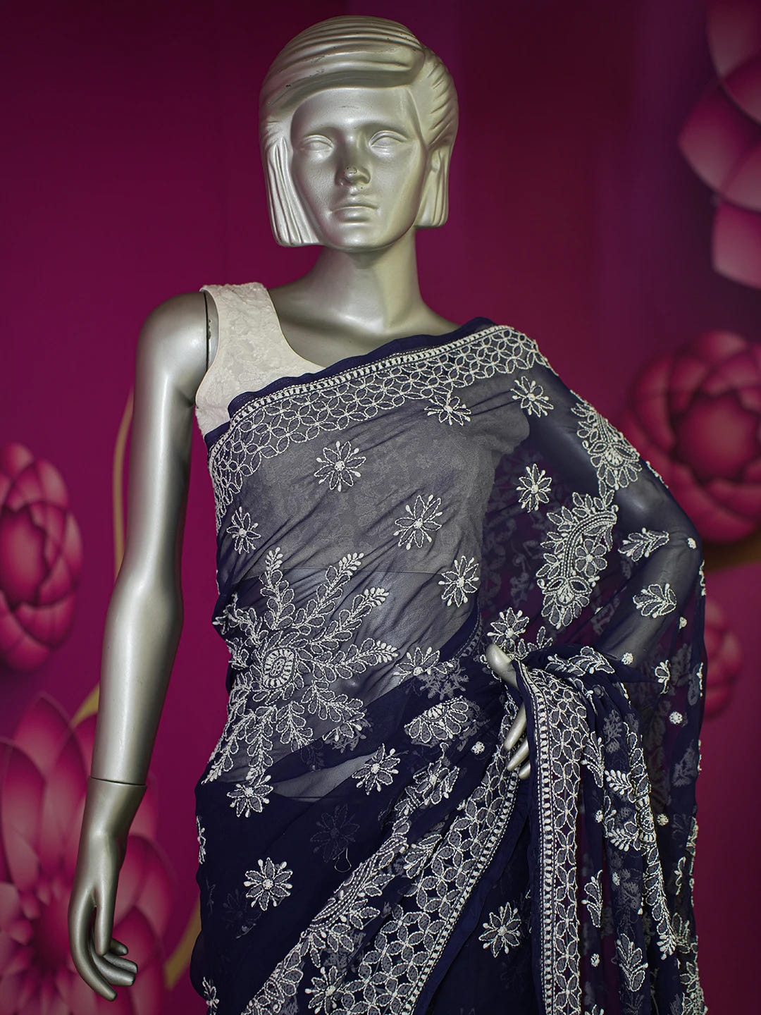 Ada Hand Embroidered Navy Blue Georgette Lucknowi Chikankari Saree With Blouse 01A613519