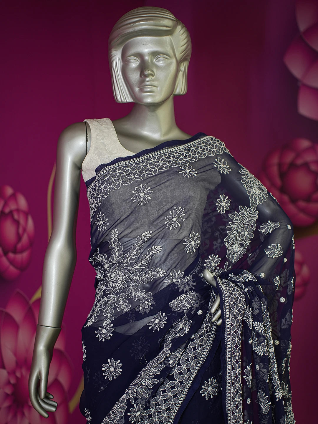 Ada Hand Embroidered Navy Blue Georgette Lucknowi Chikankari Saree With Blouse 01A613519