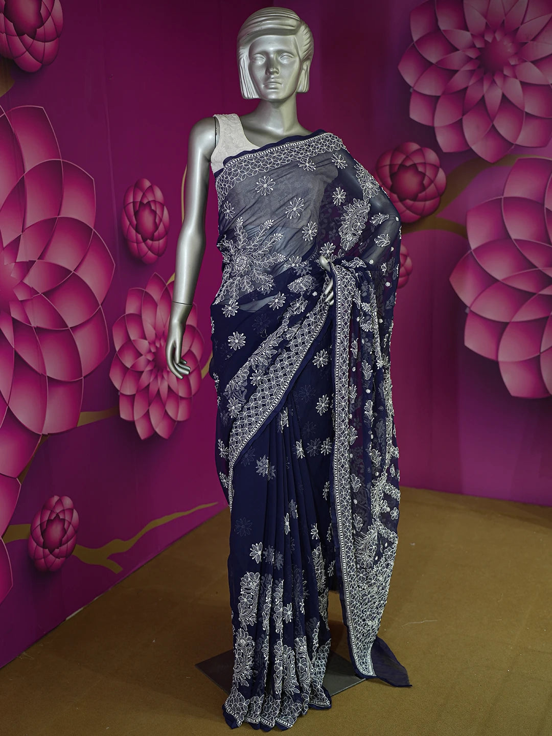 Ada Hand Embroidered Navy Blue Georgette Lucknowi Chikankari Saree With Blouse 01A613519