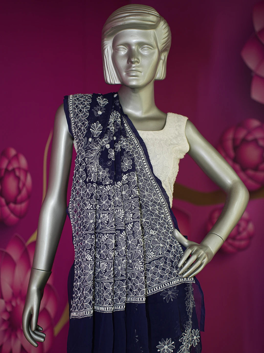 Ada Hand Embroidered Navy Blue Georgette Lucknowi Chikankari Saree With Blouse 01A613519