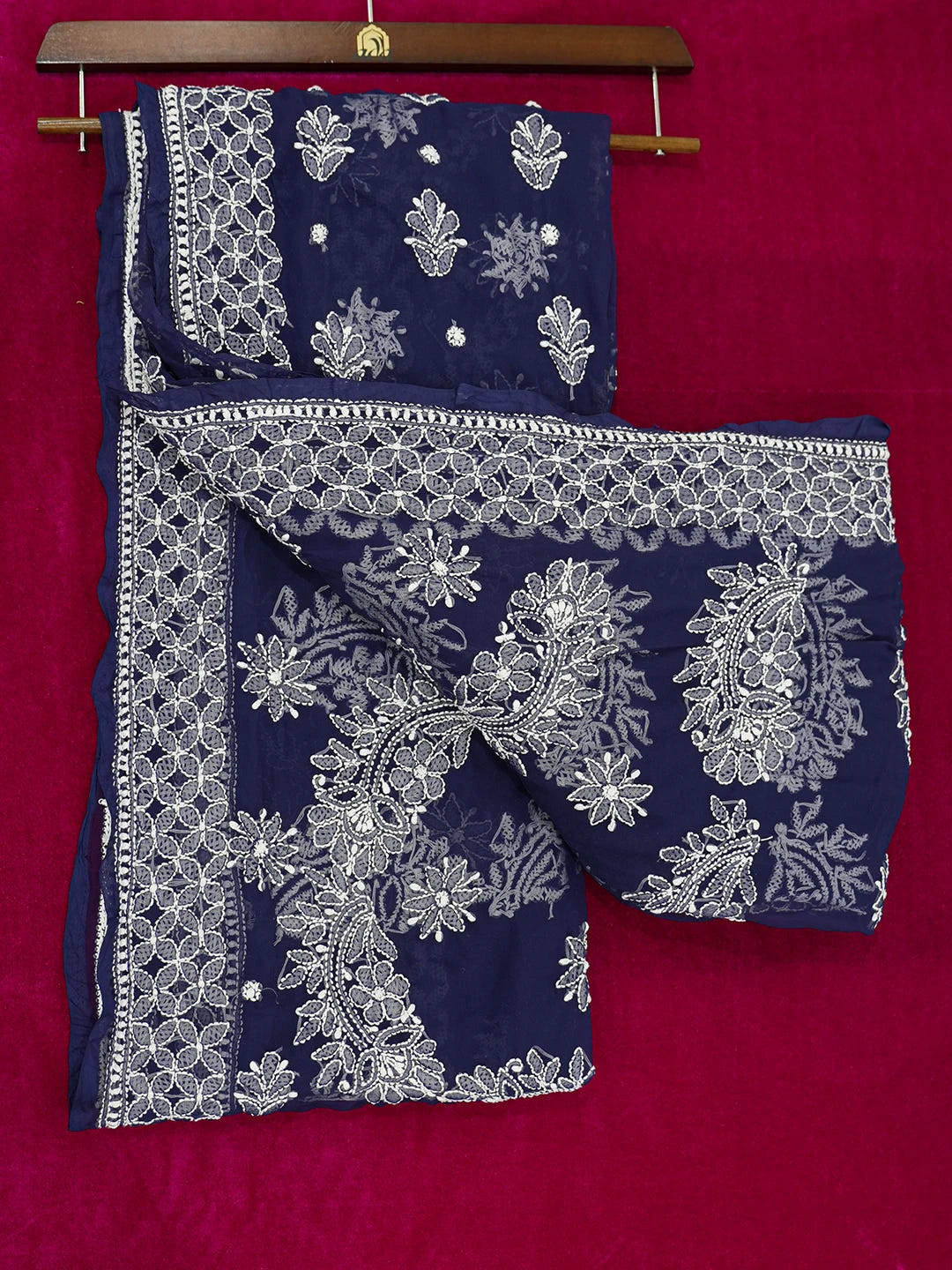 Ada Hand Embroidered Navy Blue Georgette Lucknowi Chikankari Saree With Blouse 01A613519