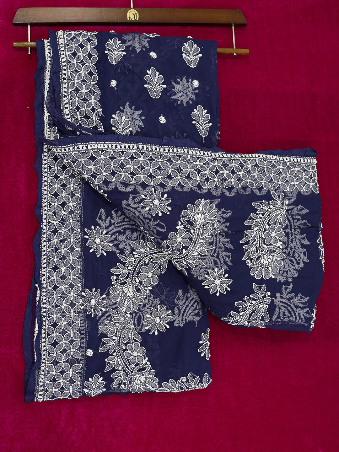 Ada Hand Embroidered Navy Blue Georgette Lucknowi Chikankari Saree With Blouse 01A613519