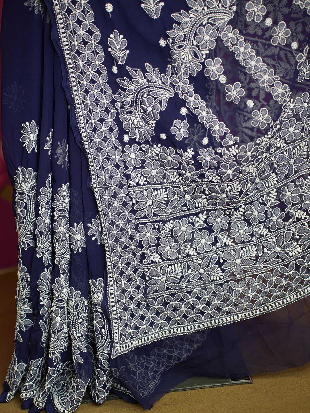 Ada Hand Embroidered Navy Blue Georgette Lucknowi Chikankari Saree With Blouse 01A613519