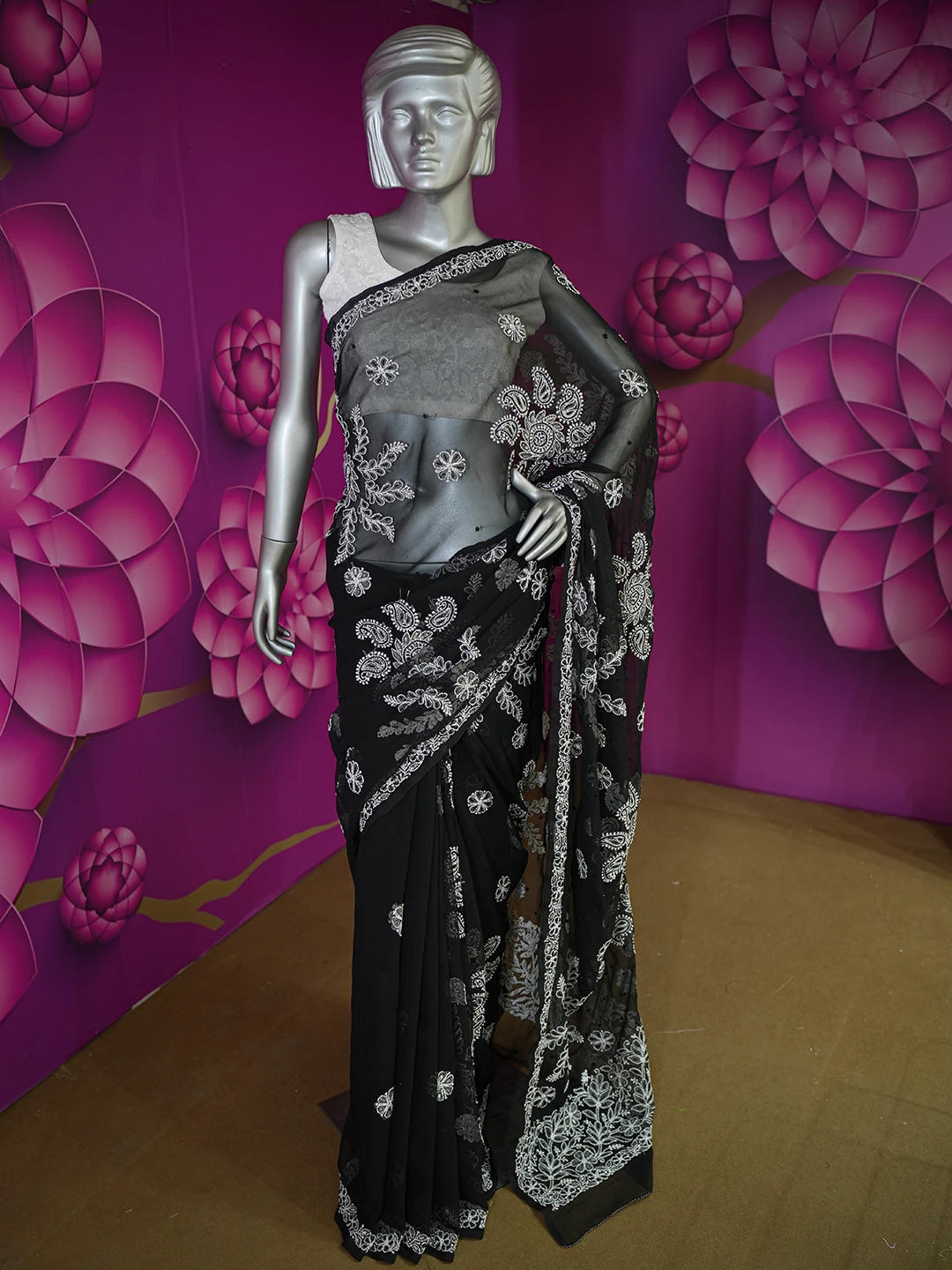 Ada Hand Embroidered Black Georgette Lucknowi Chikankari Saree/Blouse With Cutdana Work 01A572676