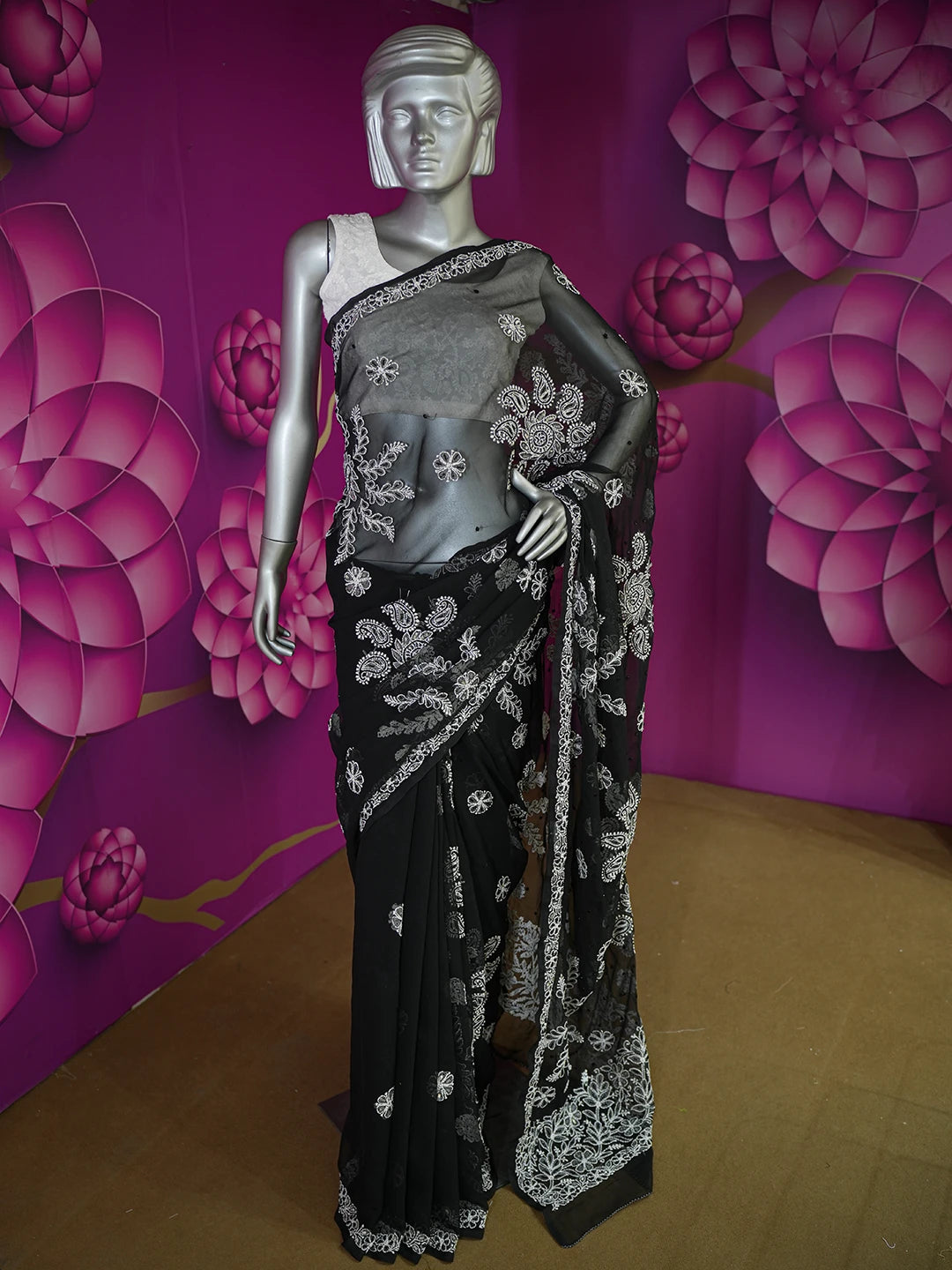 Ada Hand Embroidered Black Georgette Lucknowi Chikankari Saree/Blouse With Cutdana Work 01A572676